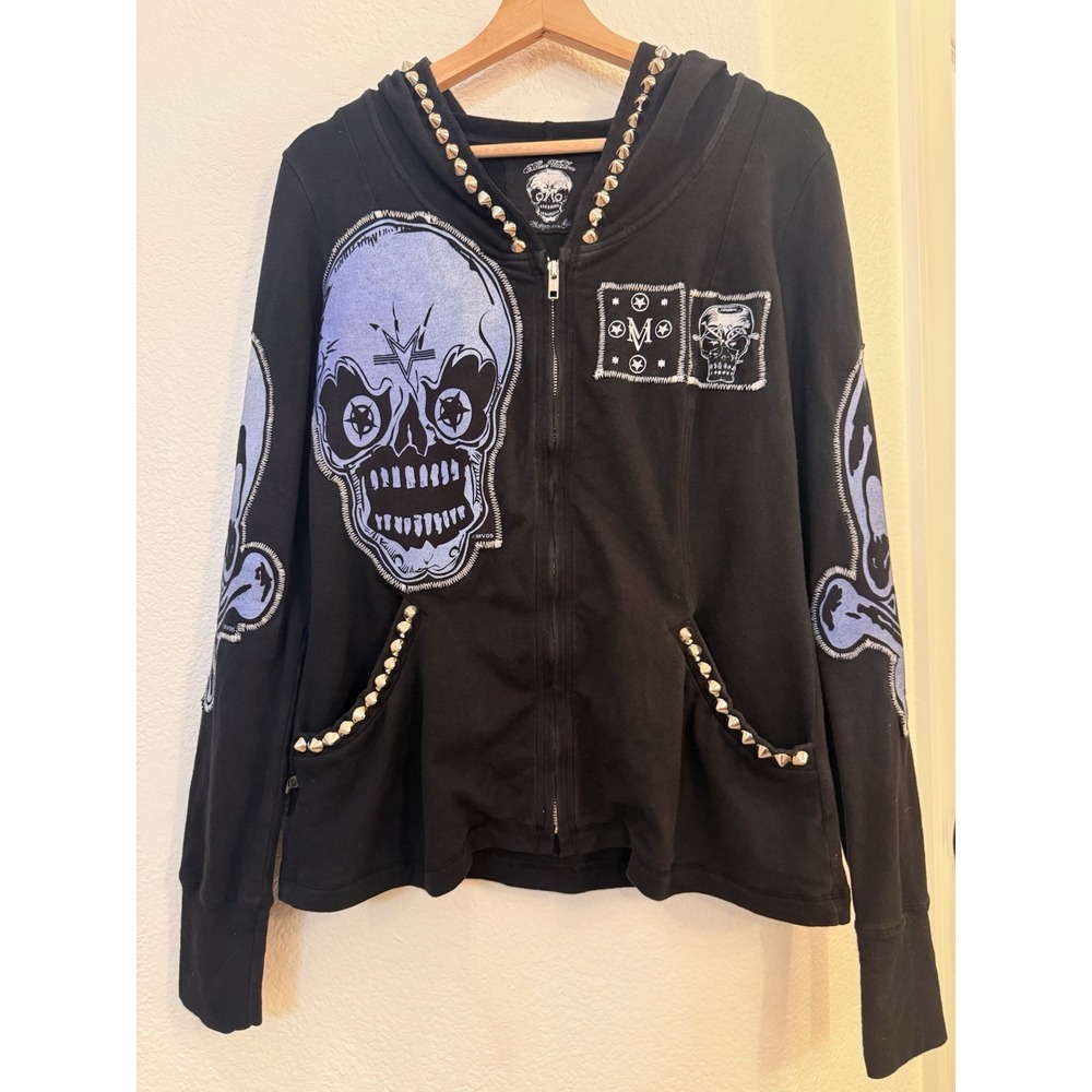 Marc Vachon Womens Studded Skull Zip Up Hoodie Rock Metal Grunge Black Size 4